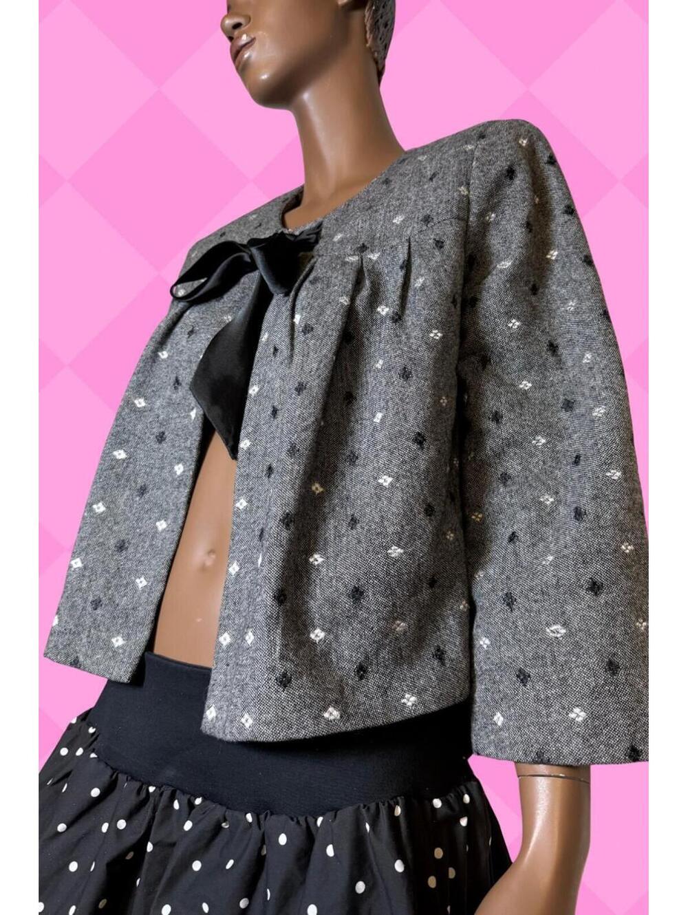 Bob Mackie vintage cropped grey tweed blazer bow tie parisian chic size L